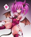  blue_eyes blush breasts demon_girl demon_horns elbow_gloves garter_straps gloves heart horns leotard lilim_(shingeki_no_bahamut) medium_breasts mosu_(korikan) pink_hair pink_leotard pointy_ears shingeki_no_bahamut short_twintails spoken_heart tail thick_thighs thighhighs thighs twintails underboob white_legwear 