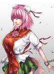  bandages bow breasts bun_cover chain chinese_clothes cuffs double_bun flower ibaraki_kasen large_breasts minami_koyogi pink_eyes pink_hair red_eyes rose short_hair solo tabard touhou 