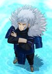 1boy armor crossed_arms from_above frown fur_trim grey_hair kamosuke male male_focus naruto senju_tobirama shadow solo standing water 