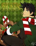  blue_eyes candy candy_cane christmas fingerless_gloves food gift gloves jojo_no_kimyou_na_bouken joseph_joestar_(young) kylance male_focus mouth_hold new_year sack scarf signature solo 