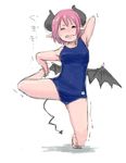  barefoot breasts demon_girl demon_horns demon_tail demon_wings full_body horns lilim_(waguruma!) one-piece_swimsuit paimin pink_hair pointy_ears school_swimsuit short_hair small_breasts solo stretch swimsuit tail translation_request waguruma! wings 