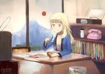  1girl blonde_hair character_doll corded_phone eating food glasses_on_head heater japanese_clothes kanokoga kotatsu long_hair mochi perrine_h_clostermann phone phonograph sakamoto_mio solo strike_witches table television turntable wagashi yellow_eyes 