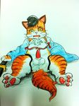  anthro anus balls bottomless cat cerb0980 chest_tuft clothing erection feline fur hat hindpaw kemono looking_at_viewer lying male mammal on_back open_mouth open_shirt orange_fur paws penis pink_nose shirt simple_background solo spreading tuft whiskers 