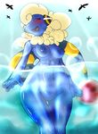  4_fingers :d anthro anthrofied avian bird blush breasts bubble caprine dark-moltres eyelashes eyes_closed female fur happy hi_res mammal mareep navel nintendo nipples nude open_mouth outside pok&#233;mon pok&eacute;mon pussy sea shadow sheep shiny sky smile solo standing tongue video_games water wet wide_hips 
