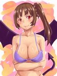  :p arios_(orochi_yuta) bare_shoulders breasts brown_hair cleavage crossed_arms demon_girl demon_tail demon_wings highres large_breasts looking_at_viewer original red_eyes side_ponytail smile solo tail tongue tongue_out wings 