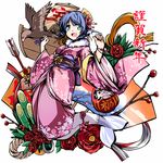  :d animal_ears arrow bamboo bird blue_hair daruma_doll drill_hair eggplant ema flower green_eyes hair_flower hair_ornament hamaya hatsuyume hawk head_fins hemogurobin_a1c highres japanese_clothes kadomatsu kanzashi kimono long_sleeves mermaid monster_girl mount_fuji new_year obi open_mouth sash ship short_hair smile solo takarabune touhou wakasagihime watercraft wide_sleeves 