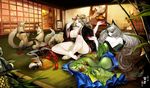  2girls animal animal_ears blue_eyes breasts cat cleavage fantchi fox foxgirl gray_hair japanese_clothes kimono kongiku oboro_muramasa sake tail wink yellow_eyes yuzuruha 