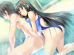  1girl barefoot black_hair blush breasts brown_eyes erect! euphoria_trinity game_cg hair_ornament long_hair pantyhose piromizu swimsuit trinity_euphoria wet 