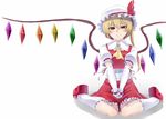  ascot blonde_hair blush flandre_scarlet hat kneehighs nicutoka red_eyes short_hair side_ponytail simple_background sitting skirt skirt_set solo touhou v_arms wariza white_background white_legwear wings wrist_cuffs 