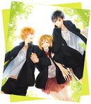  2boys arm_hug black_hair brown_hair haikyuu!! happy hinata_shouyou holding_hands interlocked_fingers kageyama_tobio multiple_boys nmunco orange_hair school_uniform short_hair side_ponytail skirt yachi_hitoka 