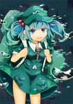  backpack bag blue_eyes blue_hair bubble gradient gradient_background hair_bobbles hair_ornament hat kaio_(watagami) kawashiro_nitori key light_particles looking_at_viewer open_mouth short_hair skirt skirt_set solo touhou two_side_up underwater 