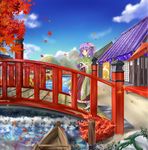  architecture boat bridge cloud day east_asian_architecture flower geta hair_flower hair_ornament hieda_no_akyuu japanese_clothes kimono leaf maple_leaf mountain namatyaba purple_eyes purple_hair short_hair smile solo touhou umbrella village watercraft 