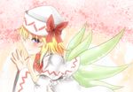  blonde_hair blue_eyes blush bow capelet fairy_wings from_side hat hat_bow highres lily_white solo steepled_fingers takorice touhou wide_sleeves wings 