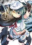  akiyama_tama anchor aqua_eyes bad_id bad_pixiv_id cannon capelet eyepatch eyepatch_removed glowing glowing_eye green_hair hat heterochromia kantai_collection kiso_(kantai_collection) looking_at_viewer neckerchief remodel_(kantai_collection) scar short_hair skirt solo yellow_eyes 