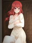  bad_id bad_pixiv_id blush breast_hold breasts crossed_arms enami_(e373) highres large_breasts long_hair low-tied_long_hair maou_(maoyuu) maoyuu_maou_yuusha nightgown pillow red_eyes red_hair solo wavy_mouth 
