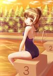  ass brown_eyes brown_hair cloud competition_school_swimsuit eyebrows_visible_through_hair fence hair_bobbles hair_ornament head_tilt high_ponytail ki_(kk-sk-ray) legs looking_at_viewer looking_back one-piece_swimsuit original ponytail pool poolside school_swimsuit short_hair sitting soaking_feet solo sparkle sunlight swimsuit tree water 
