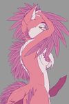  anthro breasts canine dickgirl dinosaur dog erection feathers fur husky hybrid intersex knot mammal nude penis pink_fur plain_background raptor scalie schitzofox solo yellow_eyes 