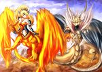  1girl blonde_hair breasts dashinoya dragon_girl duel_monster flying harp highres instrument king_dragun medium_breasts queen_dragun_djinn red_eyes yuu-gi-ou 