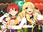  ;d ahoge aikatsu! aikatsu!_(series) bare_shoulders blonde_hair blush card confetti crescent_moon crossover elbow_gloves gloves green_eyes grin hair_ornament hairclip hat hitoto hoshii_miki ichinose_kaede idolmaster idolmaster_(classic) long_hair looking_at_viewer magic_trick moon multiple_girls one_eye_closed open_mouth playing_card red_eyes red_hair short_hair smile top_hat v vest white_gloves 