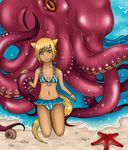  blonde_hair blue_eyes cat cephalopod eliana-asato feline female hair human mammal monster octopus sea seagull shell short_hair starfish stones summer swimsuit tentacles water wave waves 