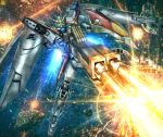  asteroid beam beam_rifle energy_gun explosion firing glowing glowing_eyes gundam gundam_wing hiropon_(tasogare_no_puu) mecha shield space thrusters weapon wing_gundam_zero 