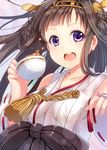  absurdres bare_shoulders breasts brown_hair cup detached_sleeves double_bun hair_ornament hairband headgear highres japanese_clothes kantai_collection kongou_(kantai_collection) long_hair medium_breasts nanahosiryuuki nontraditional_miko open_mouth purple_eyes solo teacup 