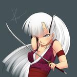  59442587 amputee blood breasts cleavage eyepatch highres japanese_clothes kimono ninja one-eyed ponytail scar source_request sword weapon white_hair 