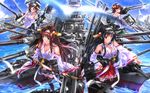  bare_shoulders black_hair boots breasts brown_hair detached_sleeves glasses hairband haruna_(kantai_collection) hiei_(kantai_collection) highres japanese_clothes kantai_collection kirishima_(kantai_collection) kongou_(kantai_collection) large_breasts long_hair miniskirt multiple_girls nontraditional_miko short_hair skirt swordsouls thigh_boots thighhighs zettai_ryouiki 