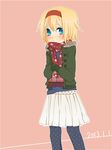  alice_margatroid alternate_costume blonde_hair blue_eyes coat contemporary hairband pantyhose polka_dot polka_dot_legwear scarf short_hair skirt solo touhou tsuno_no_hito winter_clothes 