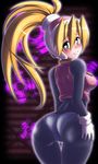  ass blonde_hair blush bodysuit breasts ciel_(rockman) covered_nipples from_behind hand_on_ass heart heart-shaped_pupils helmet looking_back medium_breasts pantyhose ponytail rockman rockman_zero semikichi solo symbol-shaped_pupils thigh_gap 