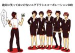  belt black_hair brown_hair crossdressing crossed_arms dj_sagara dress_shirt formal garter_straps glasses hand_on_hip hase_ryouji headband headphones headphones_around_neck hideyasu_jounouchi high_heels jacket jewelry kamen_rider kamen_rider_gaim_(series) kazuraba_kouta kumon_kaito kureshima_mitsuzane multiple_boys necklace open_mouth partially_translated pearl_necklace pencil_skirt ririko_(ririva) shirt skirt skirt_suit smile suit thighhighs translation_request 