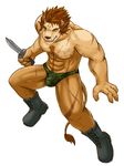  anthro biceps boots briefs brown_fur brown_hair brown_nose bulge camo cerb0980 chest_tuft fangs feline footwear fur hair knife lion looking_at_viewer male mammal manly muscles open_mouth pecs plain_background pose scar solo standing tan_fur teeth tongue topless tuft underwear weapon white_background yellow_eyes 