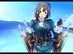  black_gloves black_hair blue_sky blush breasts cannon cloud day garter_straps gloves hat highres island jacket kantai_collection large_breasts military_jacket ocean open_mouth red_eyes shinoji_(shin_status) short_hair skirt sky solo takao_(kantai_collection) turret water 