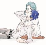  1girl aqua_hair blue_hair braid casual couple hetero hug persona persona_3 persona_4:_the_ultimate_in_mayonaka_arena sutei_(giru) yamagishi_fuuka yuuki_makoto 