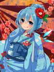  :q alternate_hairstyle blue_eyes blue_hair camellia cirno flower hair_flower hair_ornament highres japanese_clothes kimono negiko solo tongue tongue_out touhou 