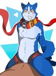  acteight anthro blue_fur canine condom fur male mammal orange_eyes scarf solo 