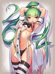  arms_up breasts centaur green_hair highres lips long_hair looking_at_viewer medium_breasts monster_girl mouth_hold navel original panties pointy_ears red_eyes ribbon solo striped striped_legwear thighhighs underboob underwear very_long_hair weien wrist_cuffs 
