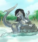  black_hair breasts female fin_piercing fish furry-specific_piercing hair long_hair looking_at_viewer marine navel_piercing nude open_mouth piercing raised_tail seaside shark sharp_teeth smile solo tail_piercing teeth touchofsnow water waving white_hair yellow_eyes 