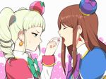  aikatsu! aikatsu!_(series) aqua_eyes blonde_hair blush bow brown_hair candy closed_eyes drill_hair earrings feeding food hair_ribbon hat hitoto jewelry long_hair multiple_girls open_mouth ribbon shibuki_ran sweatdrop toudou_yurika trembling twin_drills twintails 