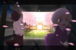  bad_id bad_pixiv_id blonde_hair blue_eyes blurry brown_hair cherry_blossoms depth_of_field ghostly_field_club letterboxed maribel_hearn multiple_girls night petals short_hair star_(sky) surprised tokoroten_(hmmuk) touhou tree usami_renko 