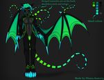  black_skin blue_hair english_text glowing gree_eyes green_eyes green_hair green_wings hair male nude penis short_hair stripes tentacles text wings 