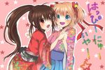  blonde_hair brown_hair green_eyes haru_(05-20) holding_hands japanese_clothes kamikita_komari kimono little_busters! long_hair multiple_girls natsume_rin new_year ponytail red_eyes short_hair yukata 