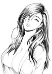  breasts cleavage greyscale hair_over_one_eye jewelry large_breasts long_hair looking_at_viewer mature mole mole_under_eye monochrome no_bra open_clothes open_shirt original shirt solo tatsunami_youtoku 