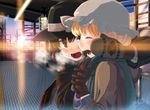  blonde_hair blush breath brown_eyes brown_hair gloves hand_on_another's_cheek hand_on_another's_face hat hat_ribbon lamp maribel_hearn mittens multiple_girls open_mouth ribbon scarf signature takuzui touhou train_station usami_renko 