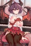  1girl bangs between_breasts black_legwear blush breasts breasts_outside buttons dragon_horns dragon_tail dragon_wings dress_shirt eyebrows_visible_through_hair granblue_fantasy grea_(shingeki_no_bahamut) hair_between_eyes hand_between_breasts hips horns instrument large_breasts looking_at_viewer nipples open_clothes open_shirt parted_lips piano pointy_ears puffy_nipples purple_hair red_eyes red_skirt shingeki_no_bahamut shirt short_hair sitting skirt slit_pupils solo tail thighhighs thighs twitter_username unaligned_breasts wings zettai_ryouiki 