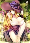  barefoot breasts brown_hair cleavage dragon's_crown hat huge_breasts long_hair looking_at_viewer mini_koala red_eyes smile solo sorceress_(dragon's_crown) translation_request water witch_hat 