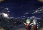  bag blue_hair bow cirno closed_eyes cloud coat cold daiyousei fairy_wings fireflies food full_moon gloves green_hair hair_bow hair_ribbon highres ice ice_wings md5_mismatch moon mountain multiple_girls night outdoors parted_lips pine_tree red_eyes ribbon scarf short_hair side_ponytail sky snow star_(sky) starry_sky steam taiyaki touhou tree wagashi wings yunomiya 