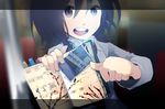  ^_^ ^o^ bad_id bad_pixiv_id blurry book_focus bookmark brown_eyes brown_hair closed_eyes depth_of_field ghostly_field_club letterboxed necktie notebook open_mouth paperclip photo_(object) pointing short_hair solo tokoroten_(hmmuk) touhou train_interior usami_renko 