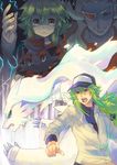  geechisu_(pokemon) gen_5_pokemon green_eyes green_hair hat long_hair multiple_boys n_(pokemon) open_mouth pokemon pokemon_(creature) reshiram smile suikuyo zorua 