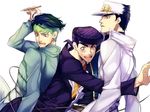  black_hair earrings entangled green_hair hat headband higashikata_jousuke jewelry jojo_no_kimyou_na_bouken kishibe_rohan kuujou_joutarou male_focus multiple_boys pen pompadour purple_hair shiron_(shiro_n) 